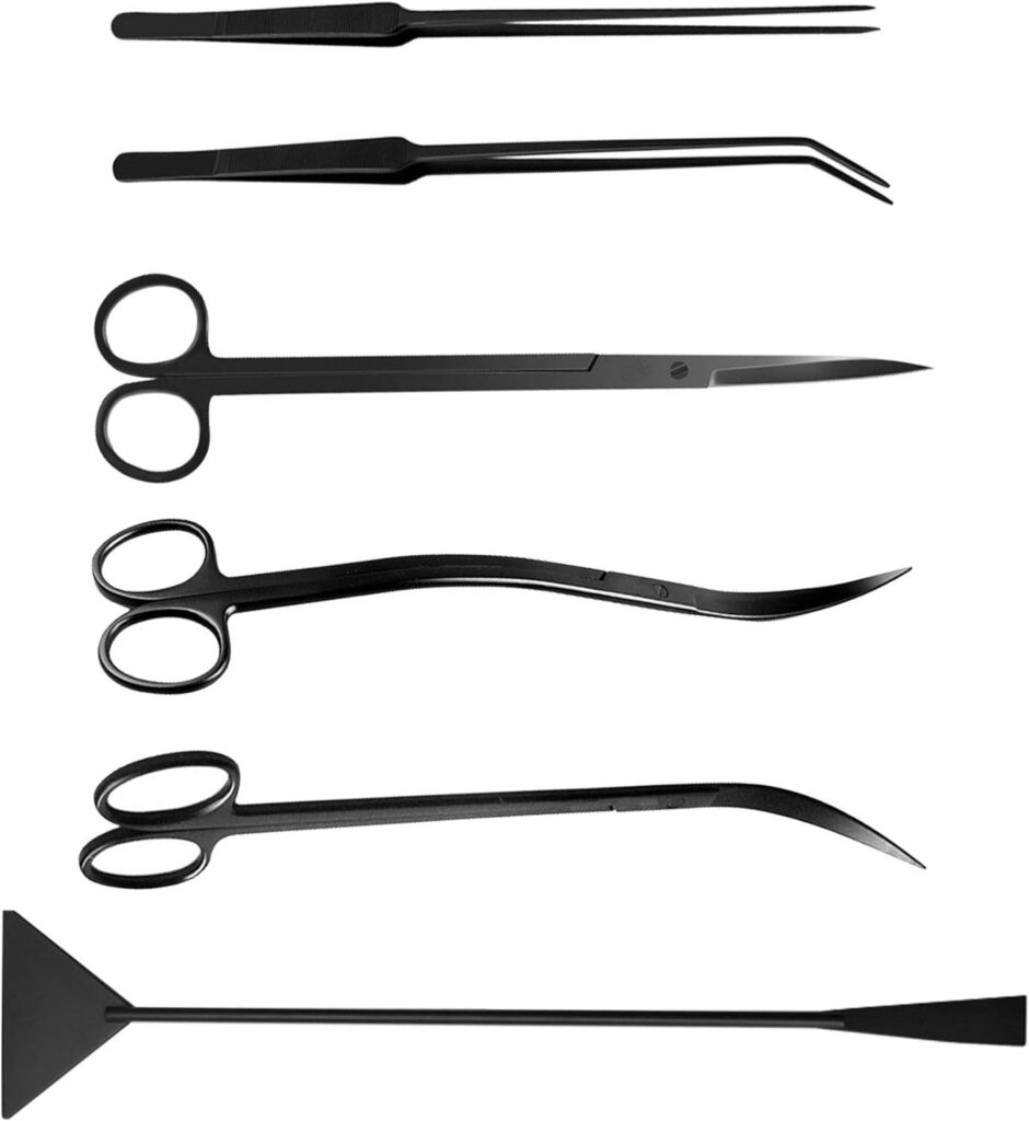 Aquascaping Tools 7 in 1 Kit Aquarium Plant Scissors Tools Set Curved  Waved Scissor Tweezers Spatula Stainless Steel Anti Rust Tools for Aquascape Black