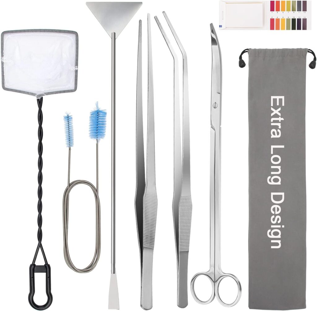 Extra Long Aquarium Aquascaping Tools Kit 8 in 1, Liveek Stainless Steel Aquarium Plant Tools Long Fish Tank Aquascape Tools Tweezers Scissors Scrapers, PH Paper, Fish Net, Aquarium Clean Brush, Bag