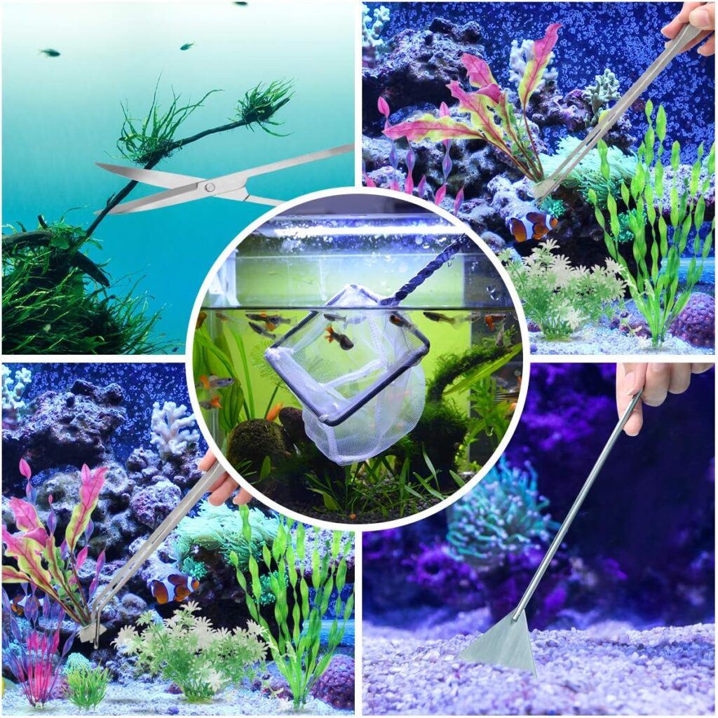 Extra Long Aquarium Aquascaping Tools Kit 8 in 1, Liveek Stainless Steel Aquarium Plant Tools Long Fish Tank Aquascape Tools Tweezers Scissors Scrapers, PH Paper, Fish Net, Aquarium Clean Brush, Bag