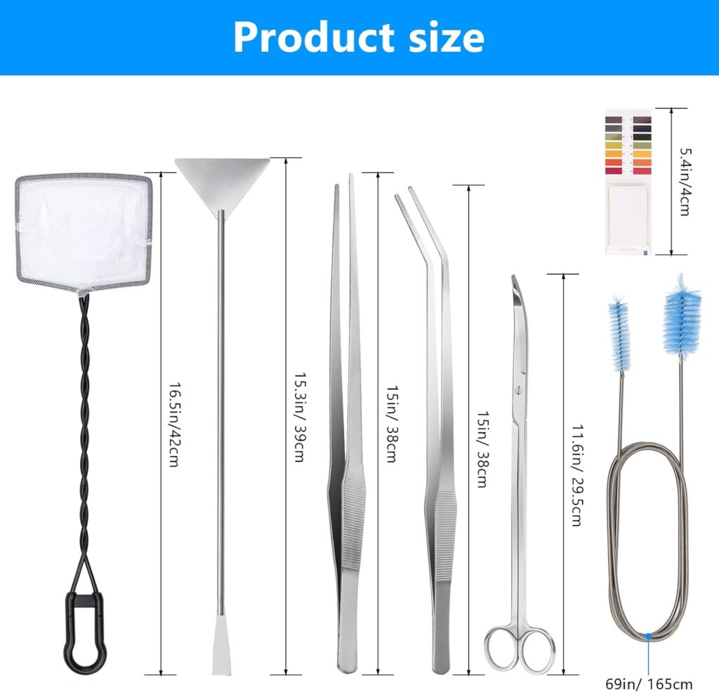 Extra Long Aquarium Aquascaping Tools Kit 8 in 1, Liveek Stainless Steel Aquarium Plant Tools Long Fish Tank Aquascape Tools Tweezers Scissors Scrapers, PH Paper, Fish Net, Aquarium Clean Brush, Bag