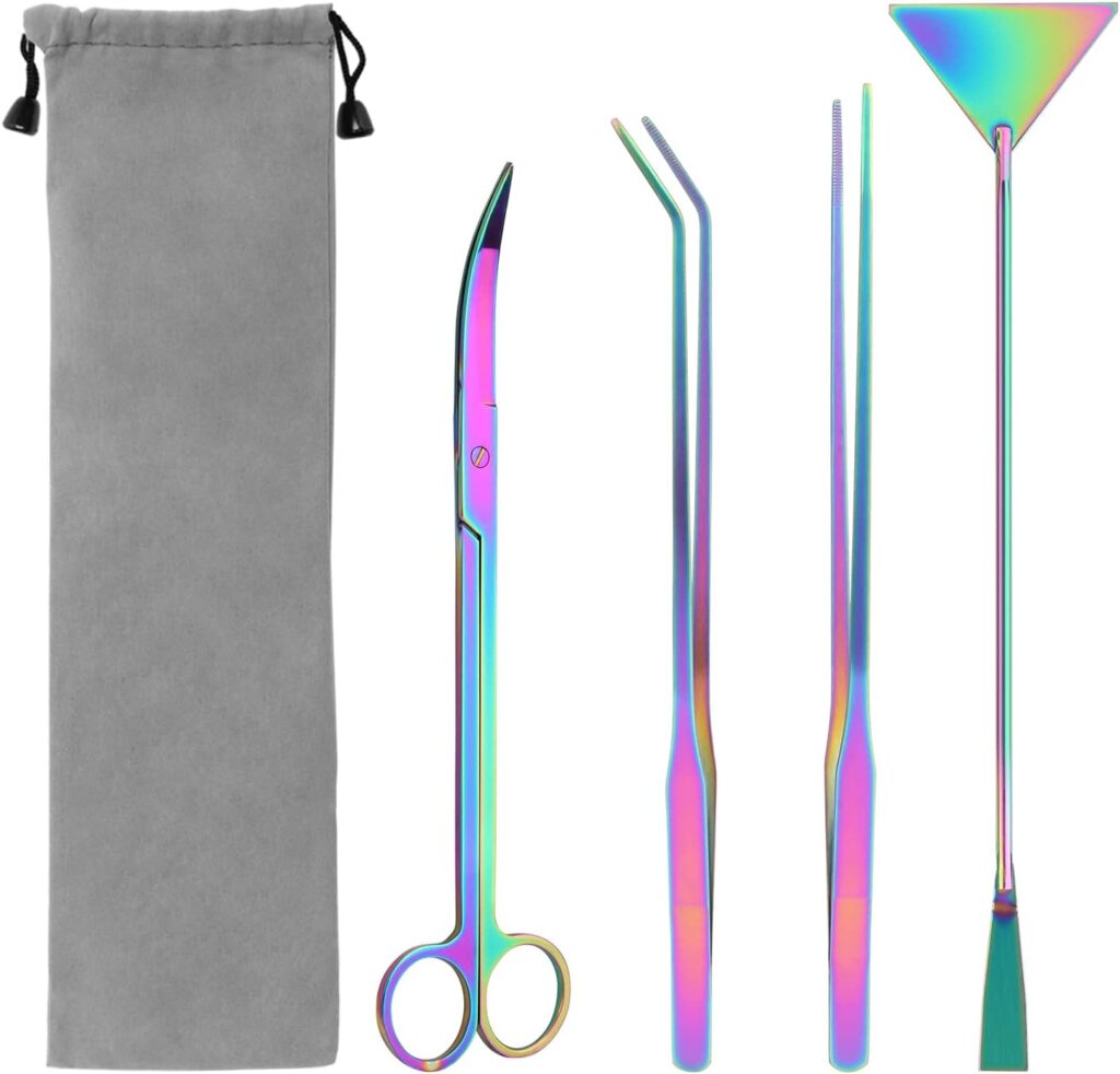 Quarium Aquascape Tools Kits, 4 in 1 Anti-Rust Aquatic Plant Aquascaping Tool Stainless Steel Black Tweezers Scissors Spatula for Aquarium Tank Clean Fish Tank Aquascape Tools Sets (Multicolor) Quarium Aquascape Tools Kits, 4 in 1 Anti-Rust Aquatic Plant Aquascaping Tool Stainless Steel Black Tweezers Scissors Spatula for Aquarium Tank Clean Fish Tank Aquascape Tools Sets (Multicolor)